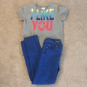 Justice jeans with a Children's Place sweatshirt.